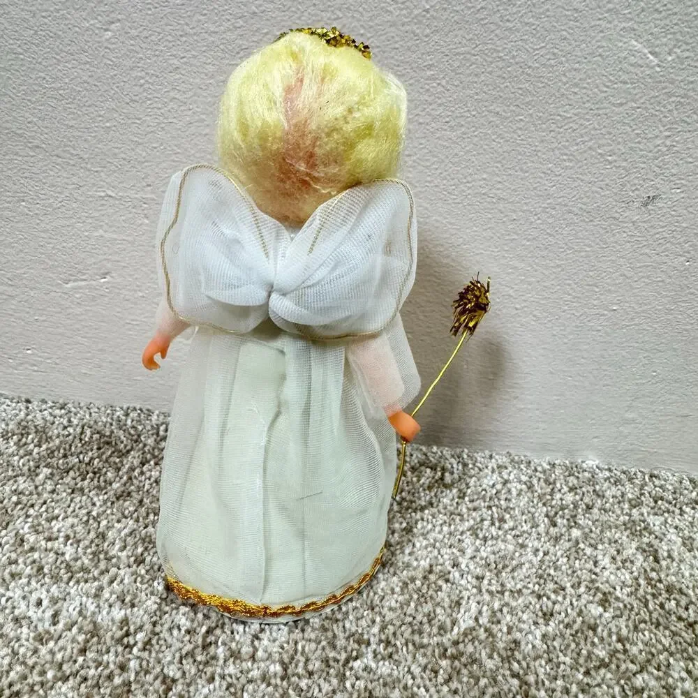 VTG Christmas Angel Tree Topper 1960s Decor Blue Eyeshadow White Gold Trim
